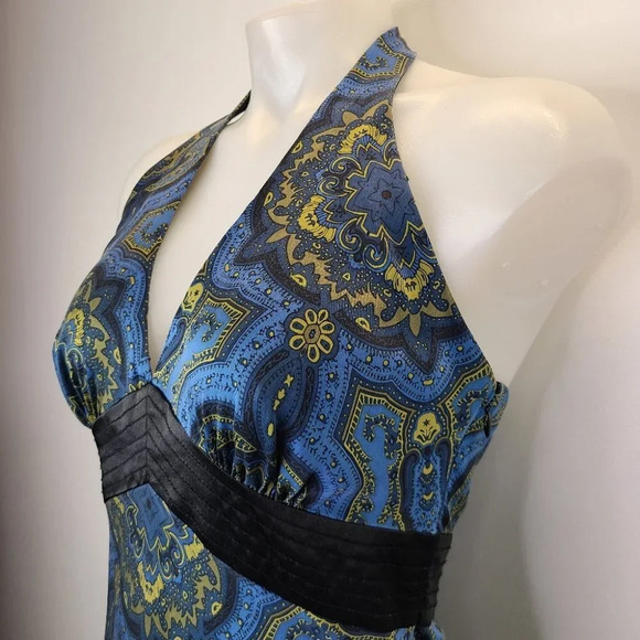 Laundry Shelli Segal 100% Silk Y2K V-neck Midi Halter Dress Blue Gold Regal 6 - Picture 6 of 13